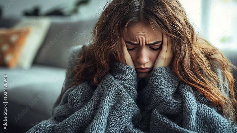 Woman feeling stressed sitting on sofa with hands on head in cozy living room Woman feeling stressed sitting on sofa with hands on head in cozy living room