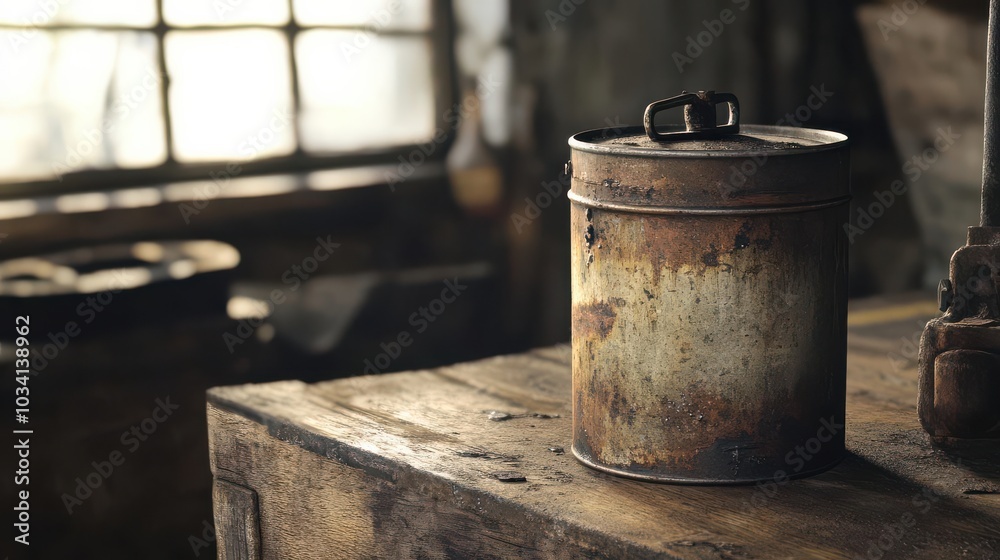 Rustic old metal oil can on a wooden table on a sunny day Rustic old metal oil can on a wooden table on a sunny day