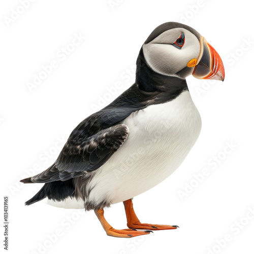 A puffin standing gracefully against a plain background, showcasing its vibrant beak and distinct features in natural light