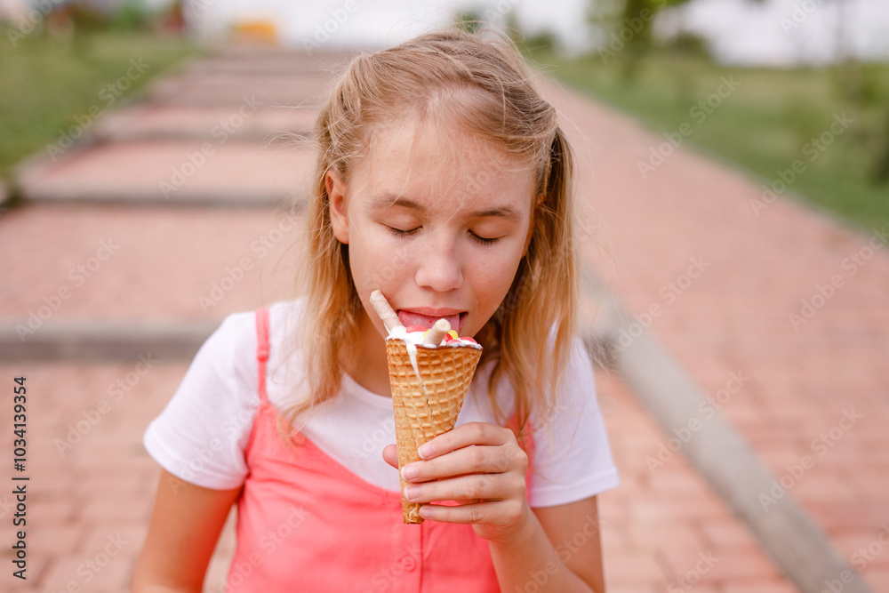 A girl in a pink tunic is sitting on a summer lawn and eating delicious ice cream A girl in a pink tunic is sitting on a summer lawn and eating delicious ice cream