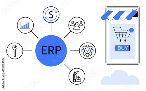 Central blue ERP circle connects icons representing finances, user management, settings, analytics, and production. Smartphone displays online store with shopping cart and buy button. Ideal for