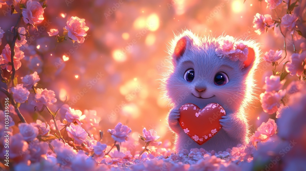 A cute, fuzzy creature holding a heart in a blooming, pink flower field.