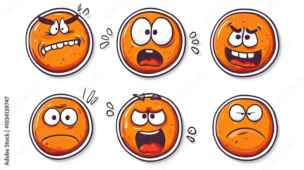 A quirky vector set of cartoon emoji stickers showing various expressions on a white background A quirky vector set of cartoon emoji stickers showing various expressions on a white background