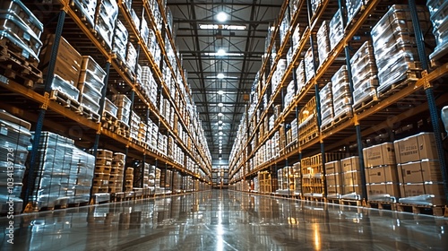 A large, industrial warehouse with tall metal shelves organized in rows. shelves are filled with wooden pallets stacked with boxes and containers, many wrapped in plastic film. storage and logistic.