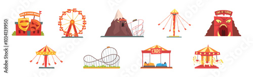 Amusement Park Attraction and Funfair Entertainment Vector Set