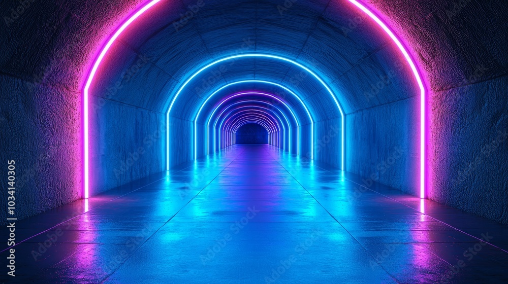 Futuristic neon tunnel with glowing pink and blue lights and clean floor Futuristic neon tunnel with glowing pink and blue lights and clean floor