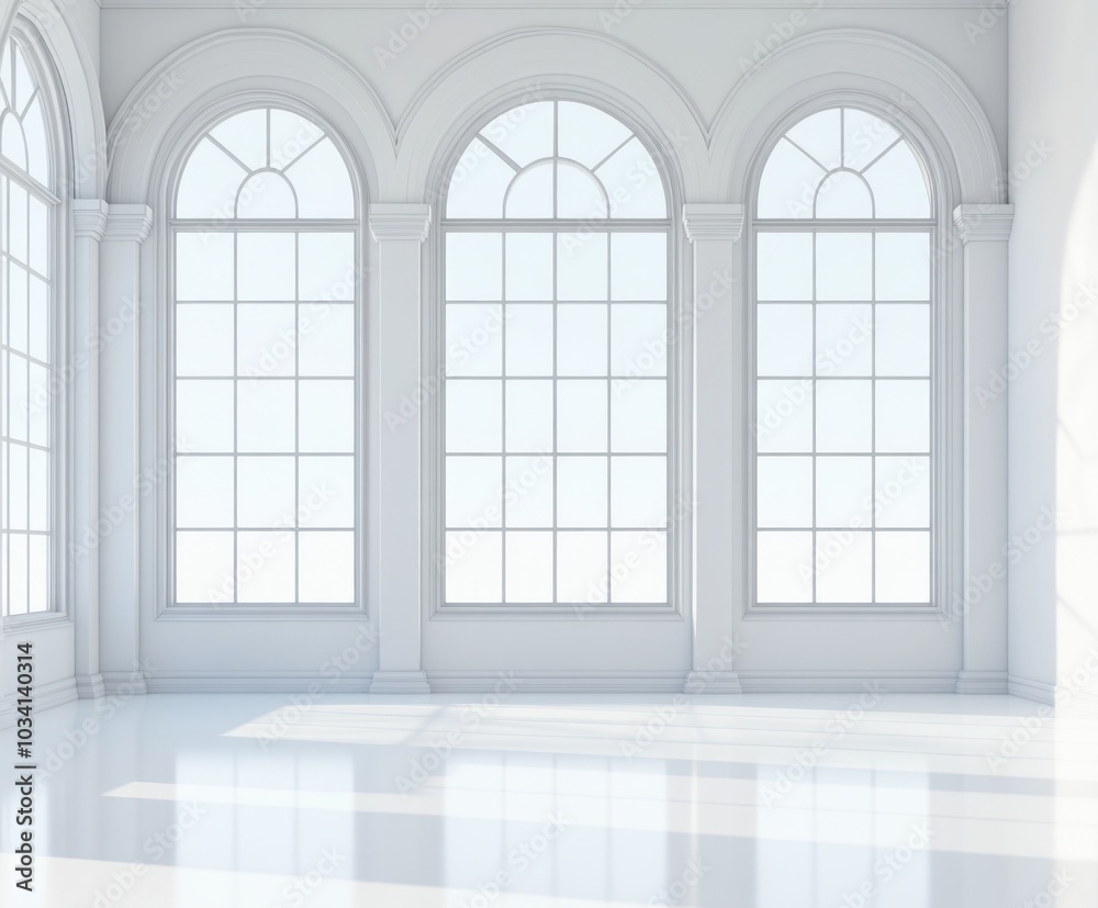 Bright and Spacious White Room with Arched Windows Bright and Spacious White Room with Arched Windows