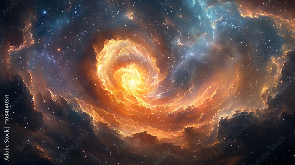 A fiery orange and blue nebula swirls in a cosmic dance, with countless stars scattered across the backdrop. A fiery orange and blue nebula swirls in a cosmic dance, with countless stars scattered across the backdrop.