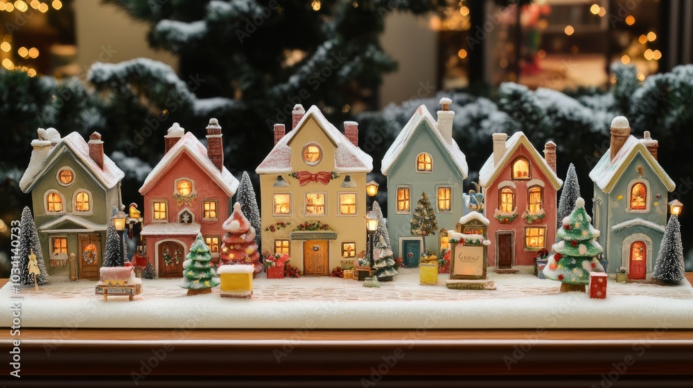 A miniature village with snow covered houses and Christmas trees. A miniature village with snow covered houses and Christmas trees.