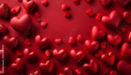 hearts scattered on red background - valentines day concept with space for text