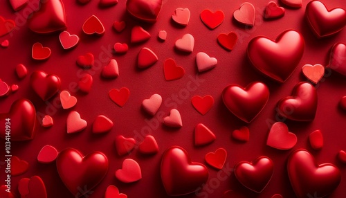 hearts scattered on red background - valentines day concept with space for text