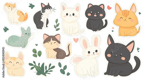 A vector set of cute cartoon animal stickers, including cats, dogs, and rabbits, on a white background