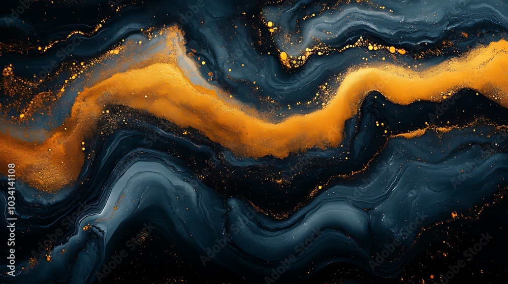 Obraz premium Abstract background with blue and gold paint in a wavy, flowing pattern.
