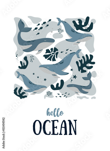 Sea postcard with ocean animals.Hello ocean.Vector illustration with underwater life.Sea world dwellers,cute underwater creatures,coral reef inhabitants in their natural habitat.