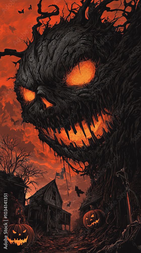 Scary Halloween background of a spooky house with a haunted pumpkin, under a dark night sky with a full moon and bats flying around,Generated By Ai