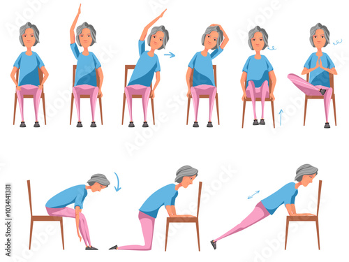 Yoga sur chaise, postures, senior, sport, relaxation, illustration vectoriel, personnage, mouvement, corde, haltères.