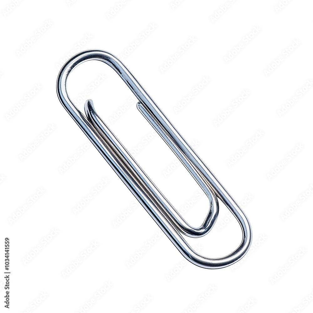 Silver paper clip on a white isolated background.