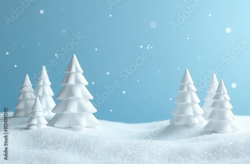 Minimal 3d White snowy Christmas trees composition pattern background of blue. 