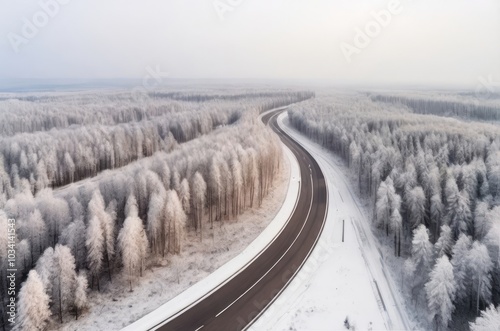 A white landscape with an empty road, trees covered with frost. The highway through the park. Top view from a drone