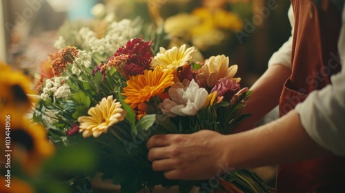 A florist arranging a vibrant bouquet of mixed flowers in a shop.