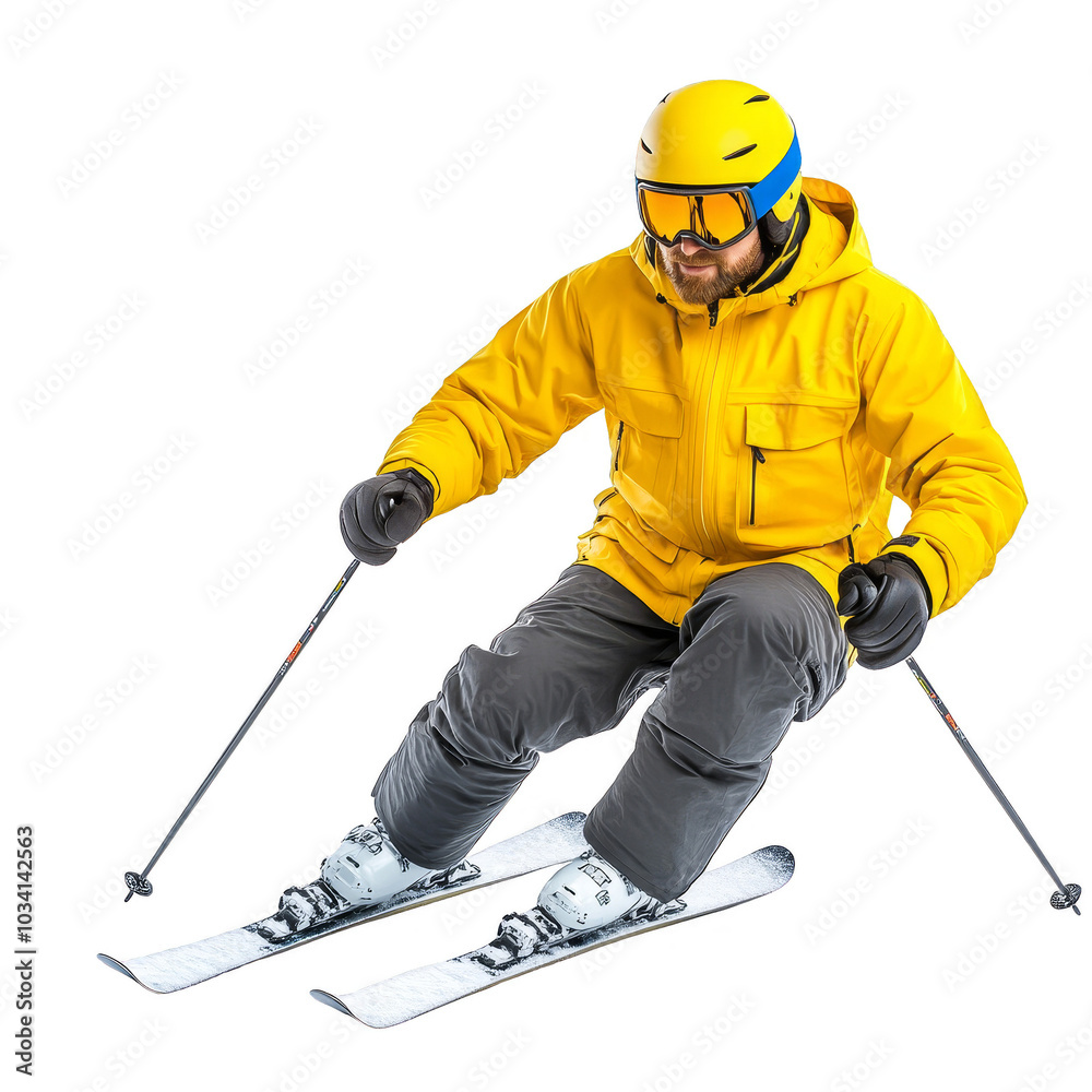 Skier in yellow jacket performing on snowy slope, isolated on white background.
