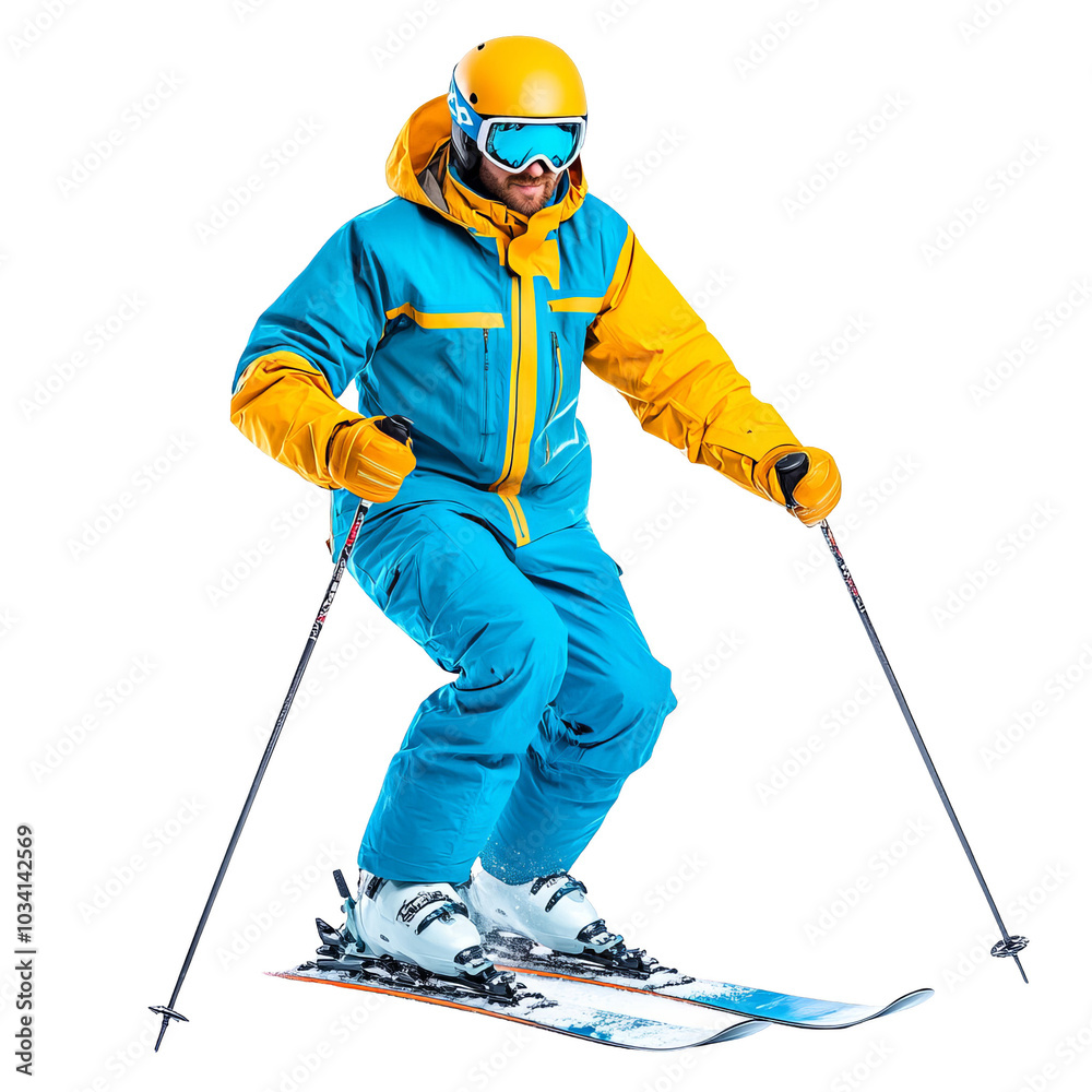 Skier in vibrant gear enjoying a day on the slopes, isolated on a white background.
