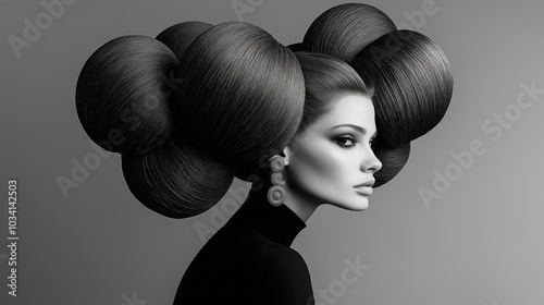 elaborate detailed 1960s hairstyle voluminous intricate elegant, black-and-white, embodying both elegance and coolness. 