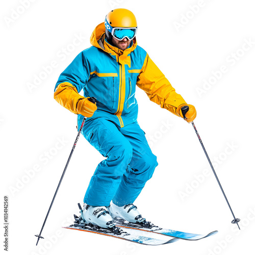 Obraz na płótnie Skier in vibrant gear enjoying a day on the slopes, isolated on a white background. w salonie
