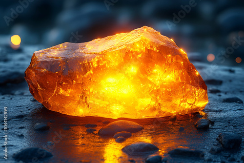 A glowing amber gemstone rests on a wet surface, reflecting light and showcasing its rich, warm hues against a blurred background.