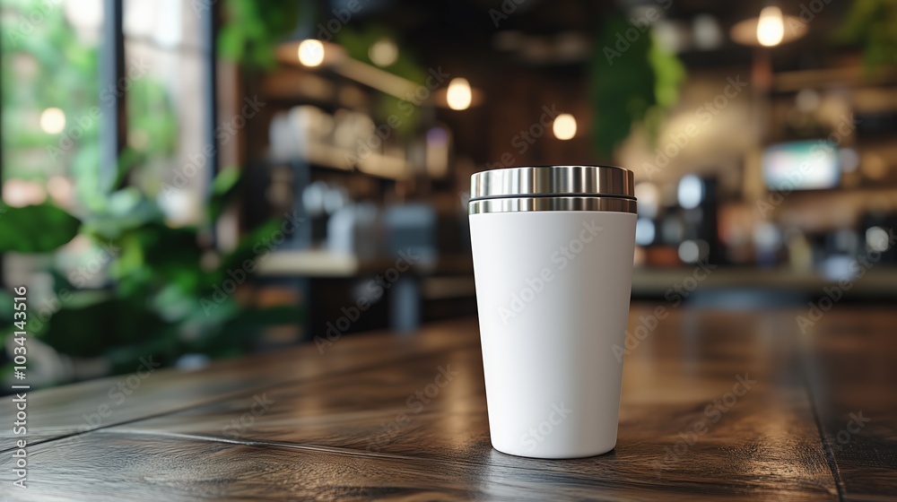 White blank tumbler on desk with blurred background for mockup. White blank tumbler on desk with blurred background for mockup.
