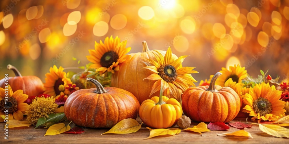 A Festive Arrangement of Pumpkins and Sunflowers, Adorned with Autumn Leaves and a Warm, Bokeh Background