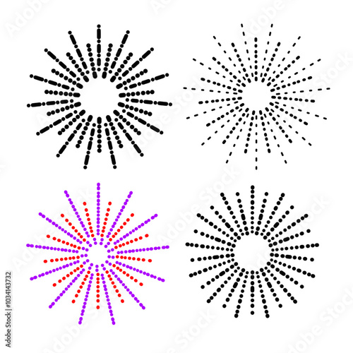A set of nine different black dotted radial patterns resembling abstract sunburst or star shapes. Each pattern varies in dot arrangement and density.