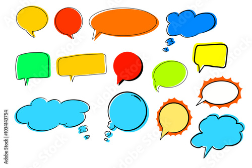 A variety of empty speech and thought bubbles, hand-drawn in different shapes and sizes, often used for dialogues or thoughts in comics.
