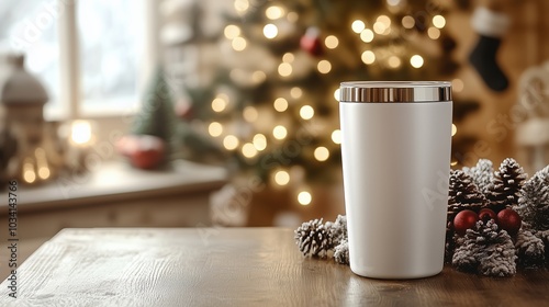 White blank tumbler mockup for custom designs with blurred christmas background.