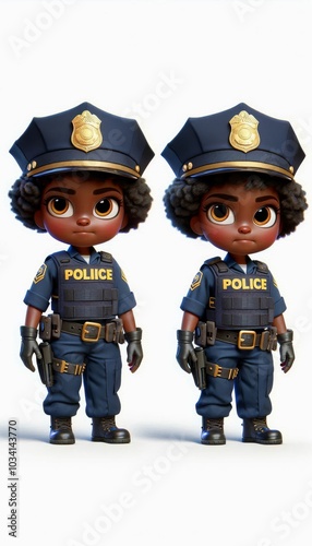 3d stylized of an African little girl as a police. Wearing Hijab. posing facing the camera, wearing a police uniform and bulletproof vest. Isolated on White background