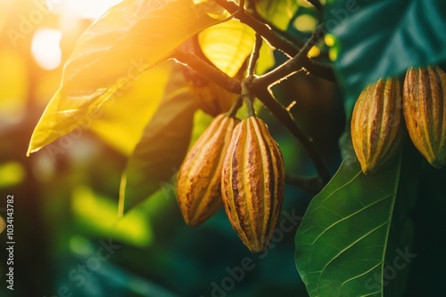 Close-up of cacao pods on a vibrant plant