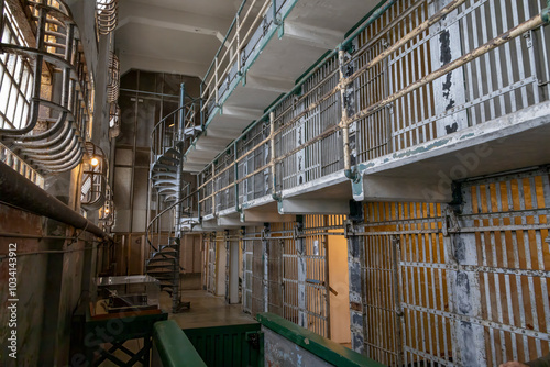 A historic cell block of Alcatraz, the infamous prison located on an island in San Francisco Bay.