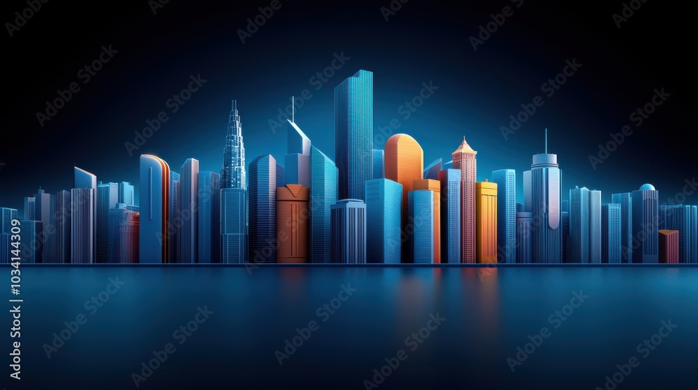 Fototapeta premium Modern City Skyline Illustration with Skyscrapers at Night