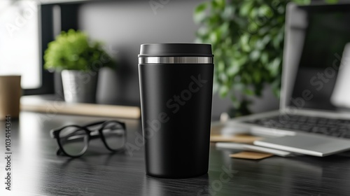 Black blank tumbler on desk with blurred background for mockup.