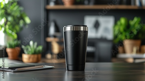 Black blank tumbler on desk with blurred background for mockup.