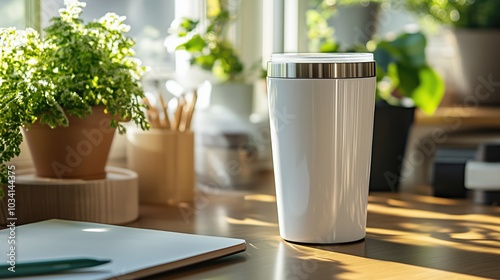 White blank tumbler on desk with blurred background for mockup.