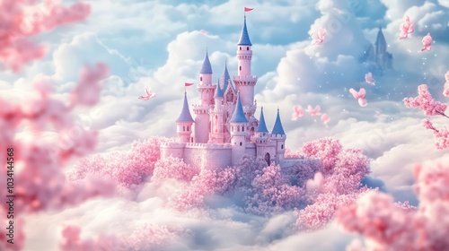 A magical pink castle sits atop a cloud surrounded by blooming cherry blossom trees with fluffy white clouds in the sky.