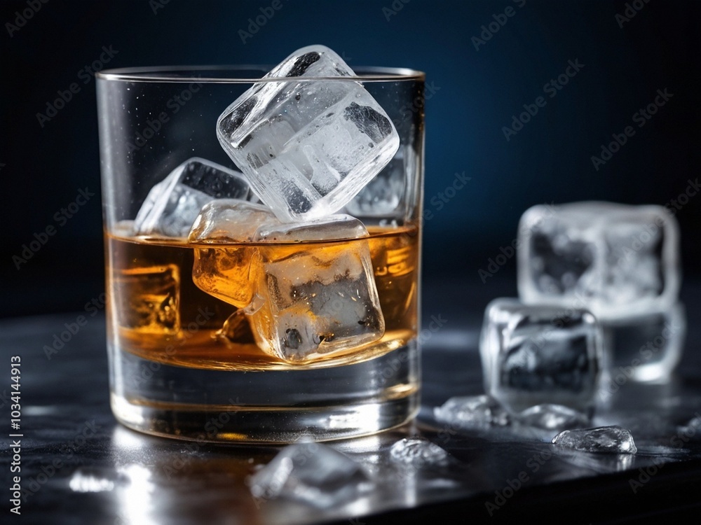 Auf dem Tisch steht ein Glas Whiskey mit Eiswürfeln, daneben liegen noch mehr Eiswürfel