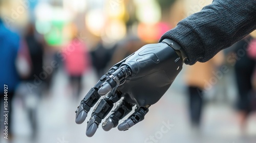 A robotic hand reaching out in a bustling urban environment.