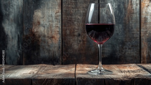 A glass of red wine on a rustic wooden surface against a dark background.