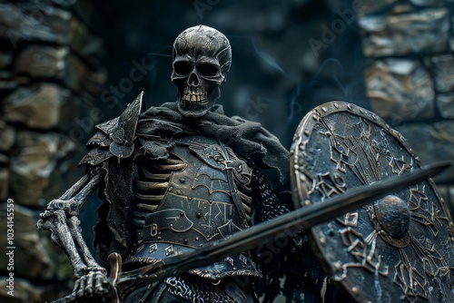 Skeleton warrior holding a sword and shield photo