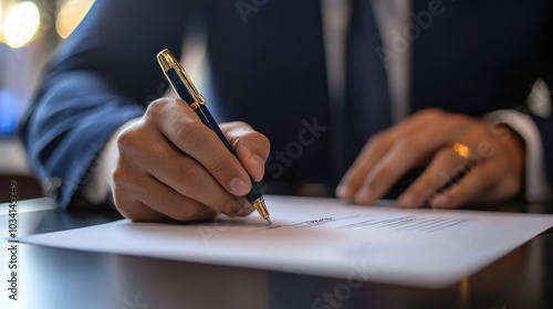 A person signing a document with a pen, indicating a formal agreement or contract.