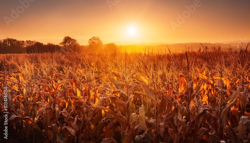 Breathtaking autumn sunset over a golden cornfield with towering dry stalks. Generative AI