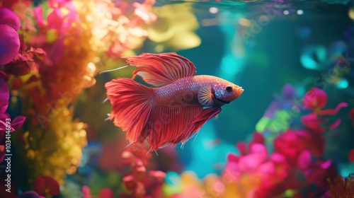 A vibrant betta fish swims among colorful aquatic plants in a lively underwater scene.