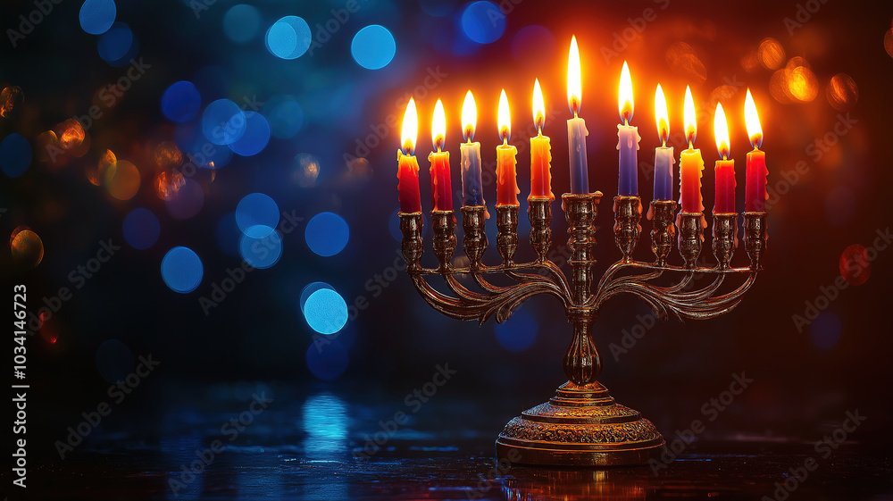 Fototapeta premium Inviting Hanukkah Scene Highlighting the Menorah and Its Warm Glow of Burning Candles